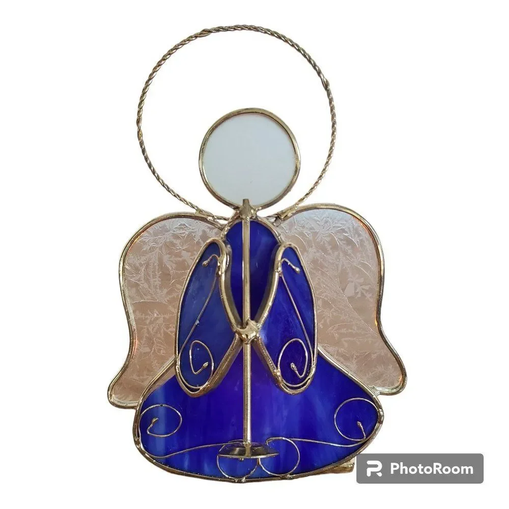 Vintage Stained Glass Tealight Holder Angel Trumpet Candle Display Cobalt Blue